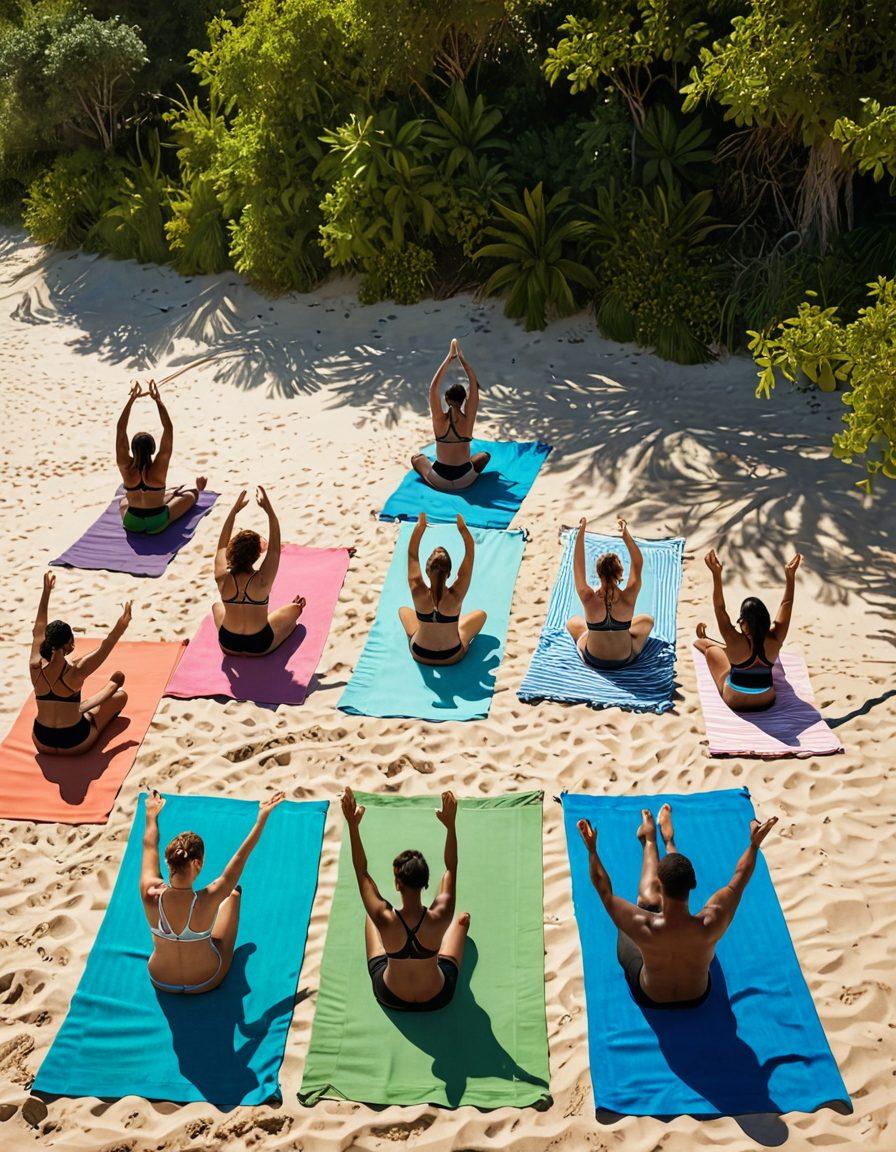 A serene beach scene with diverse people enjoying the sun, surrounded by lush greenery, conveying freedom and body positivity. Some individuals practicing yoga, while others relax on towels, radiating joy and confidence. The warm sun casts gentle shadows, reflecting a harmonious connection with nature. Emphasize vibrant skin tones and clothing-free characters, promoting the nudist lifestyle. super-realistic. vibrant colors. peaceful atmosphere.